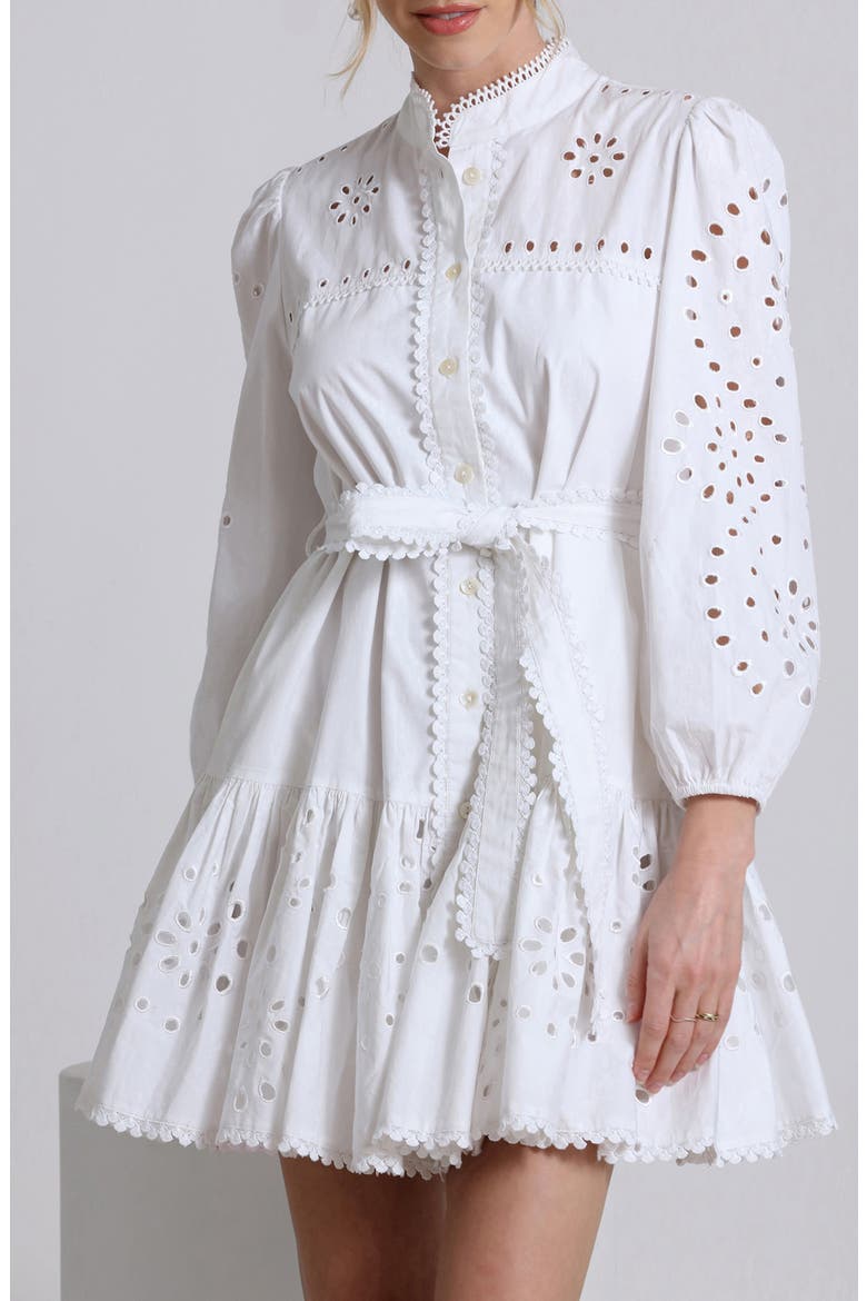 Eyelet Tie Belt Long Sleeve Mini Shirtdress, Alternate, color, WHITE