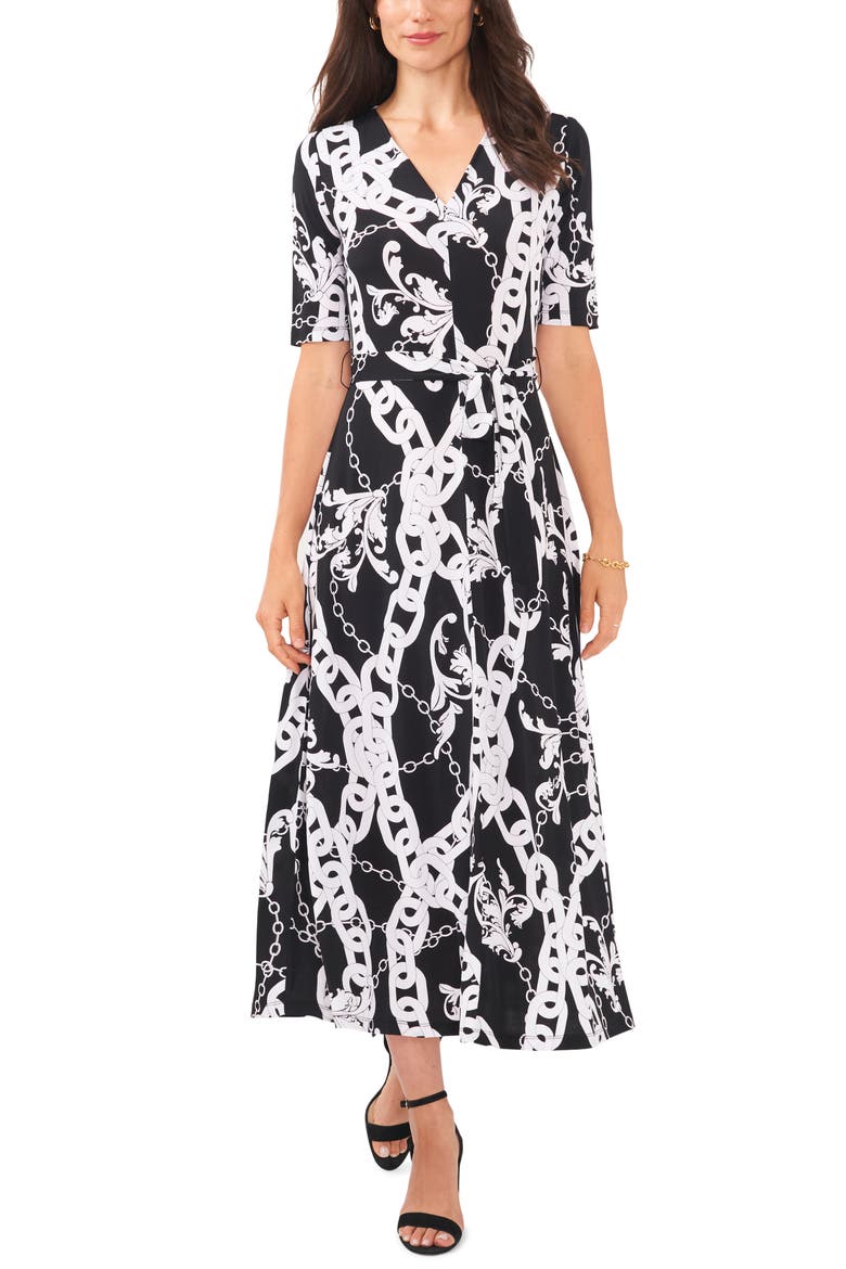 V-Neck Tie Front Dress, Main, color, BLACK/WHITE