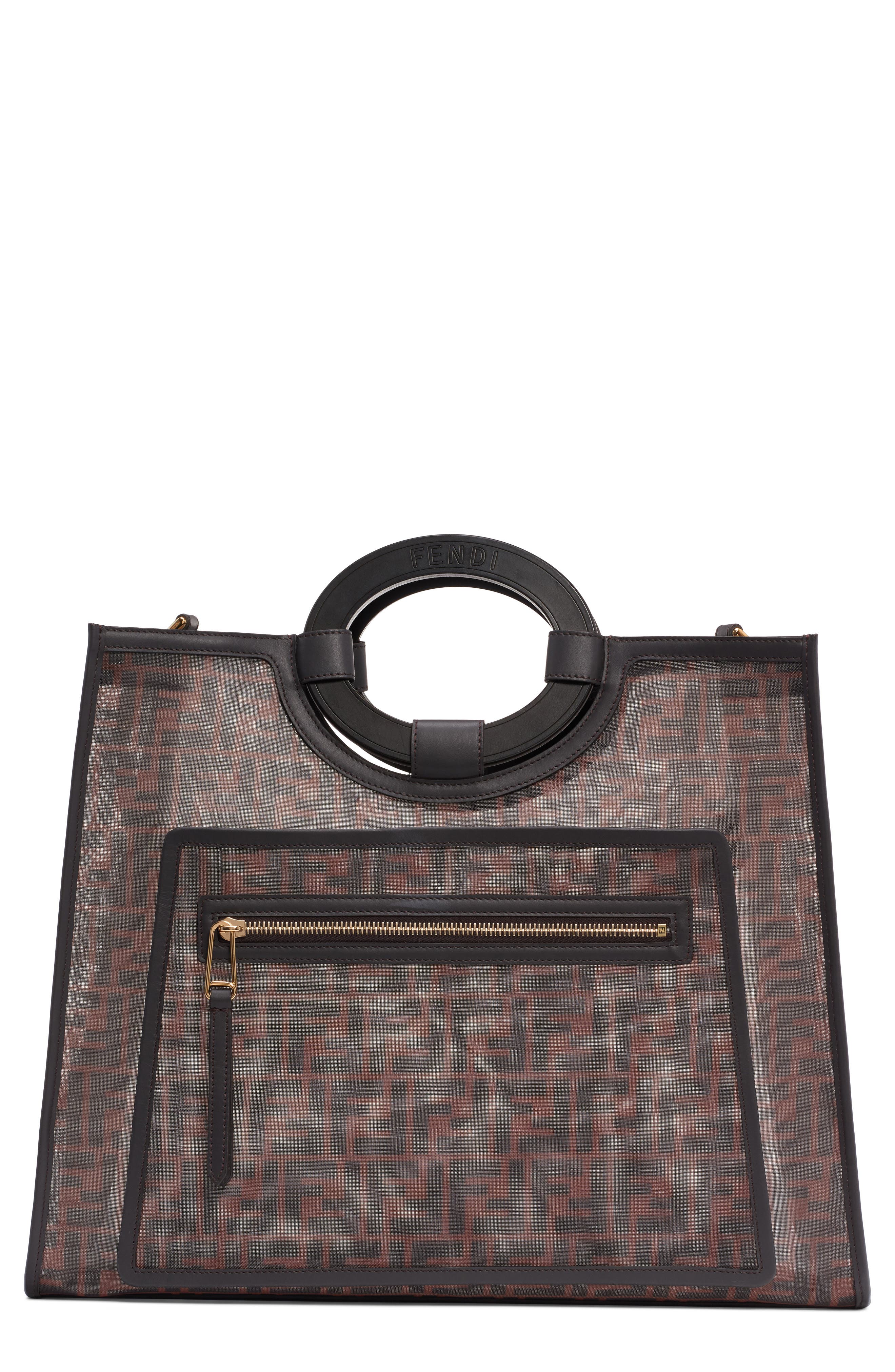 Fendi Medium Runaway Printed Logo Mesh Shopper, Main, color, 