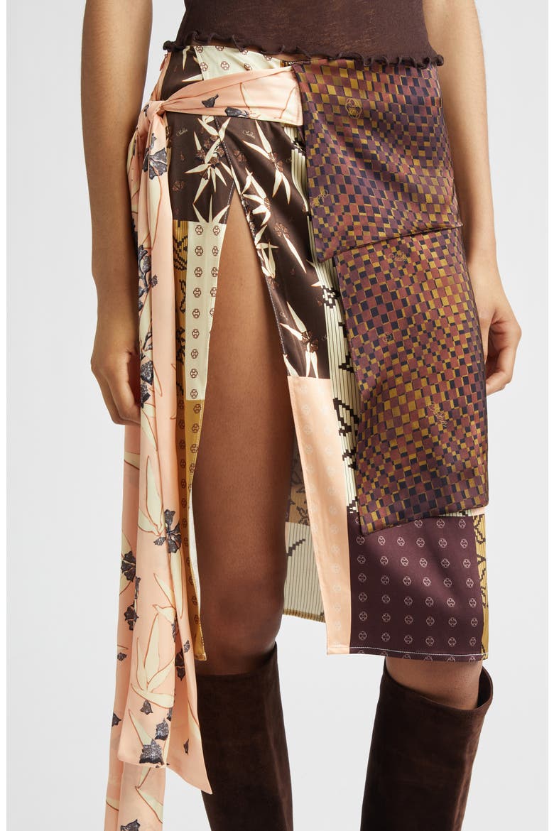 Zoe Patchwork Print Satin Skirt with Sash, Alternate, color, BROWN MULTI