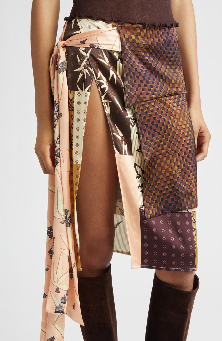 Siedrés Zoe Patchwork Print Satin Skirt with Sash, Alternate, color, Brown Multi