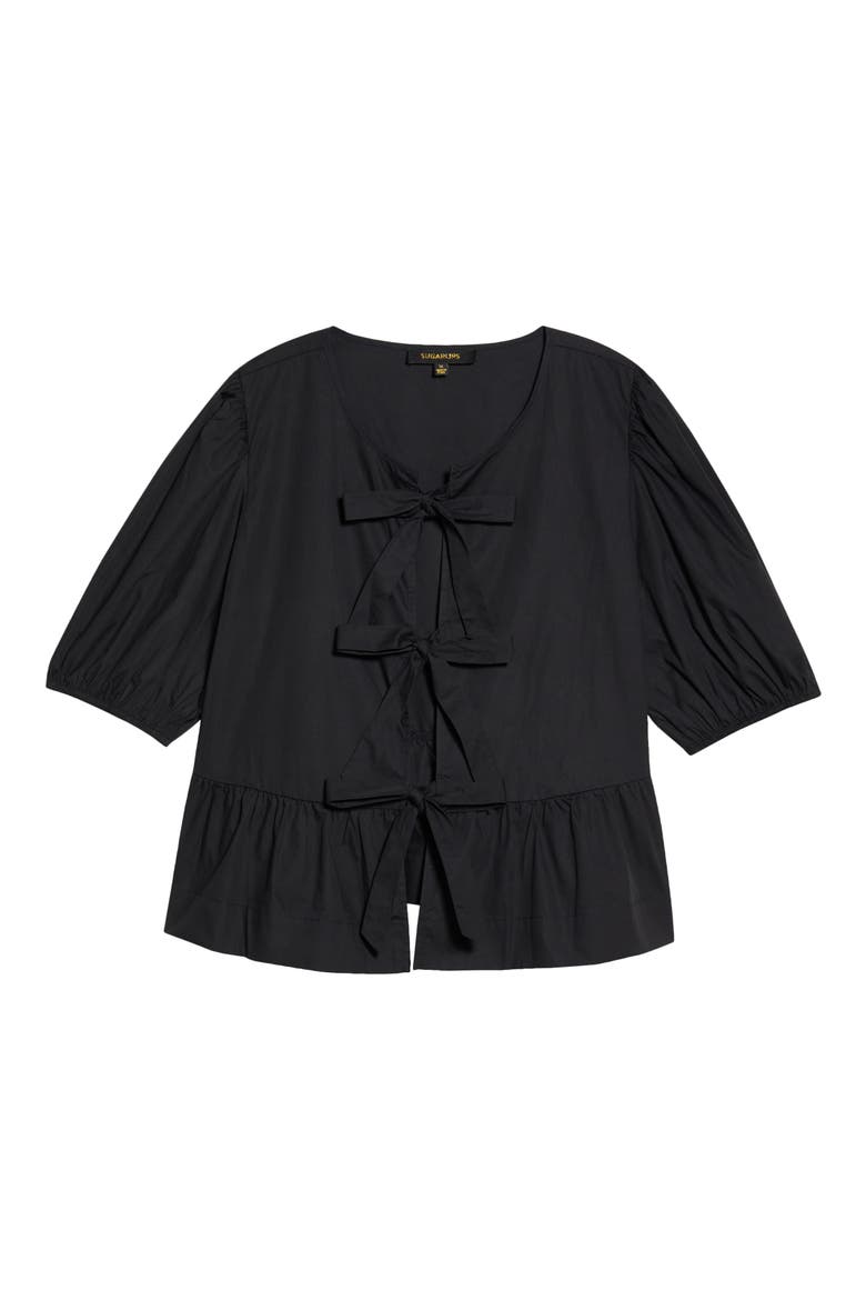 Tie Front Puff Sleeve Peplum Top, Alternate, color, BLACK