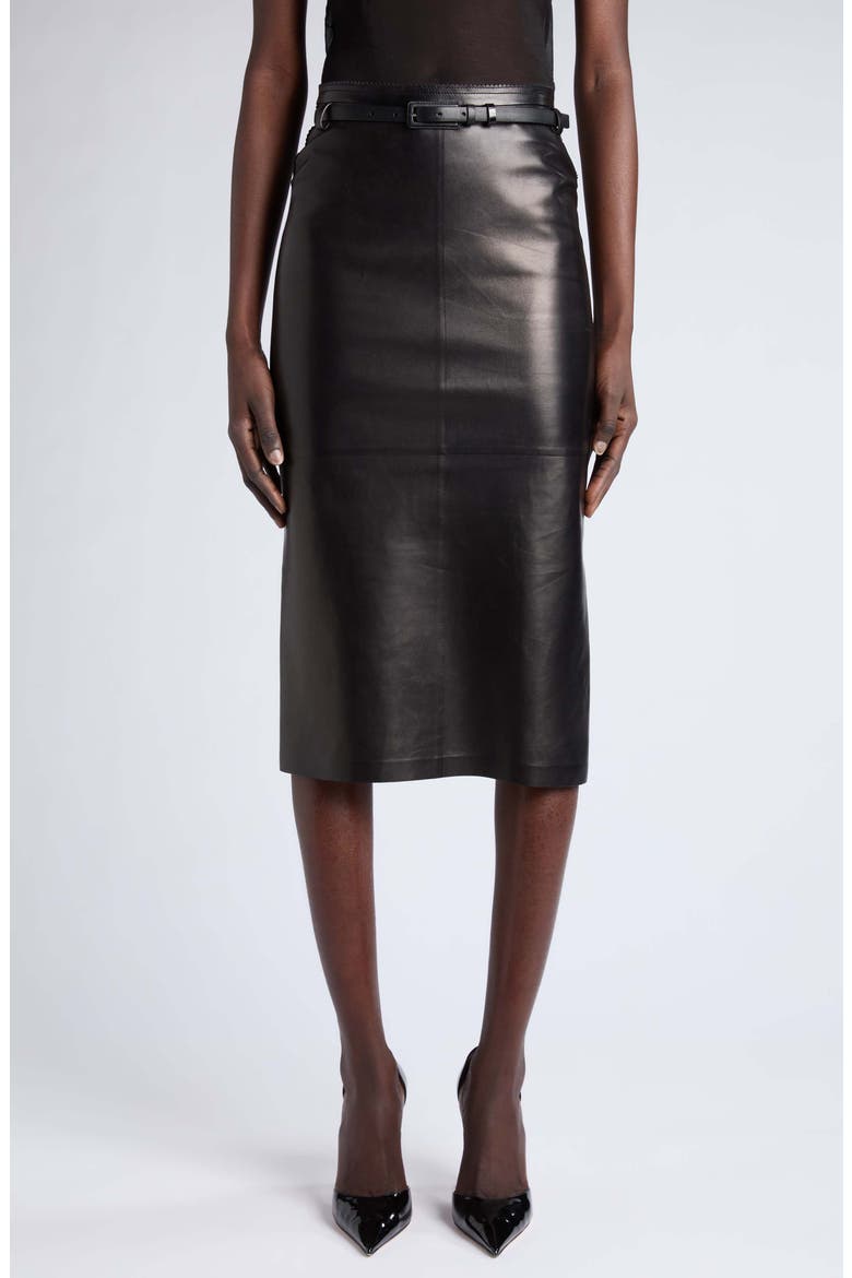 Guanteria Lambskin Leather Pencil Skirt, Main, color, BLACK