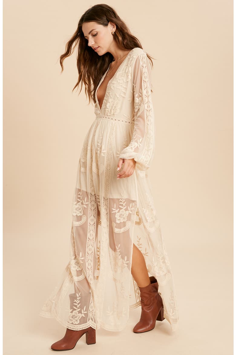 Floral Embroidered Long Sleeve Maxi Dress, Alternate, color, CREAM