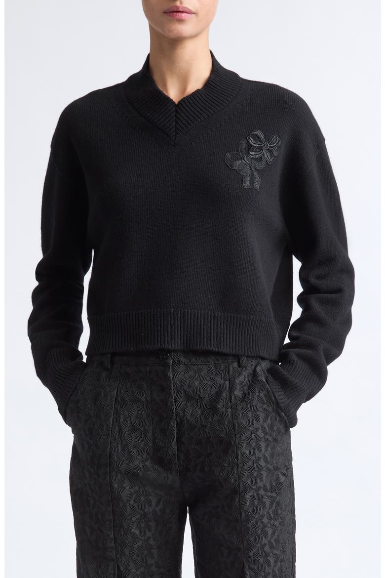Drusilla Embroidered Bow Wool Sweater, Main, color, BLACK