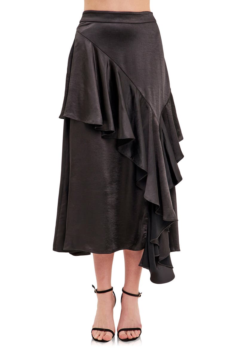 Waterfall Ruffle Satin Maxi Skirt, Alternate, color, BLACK