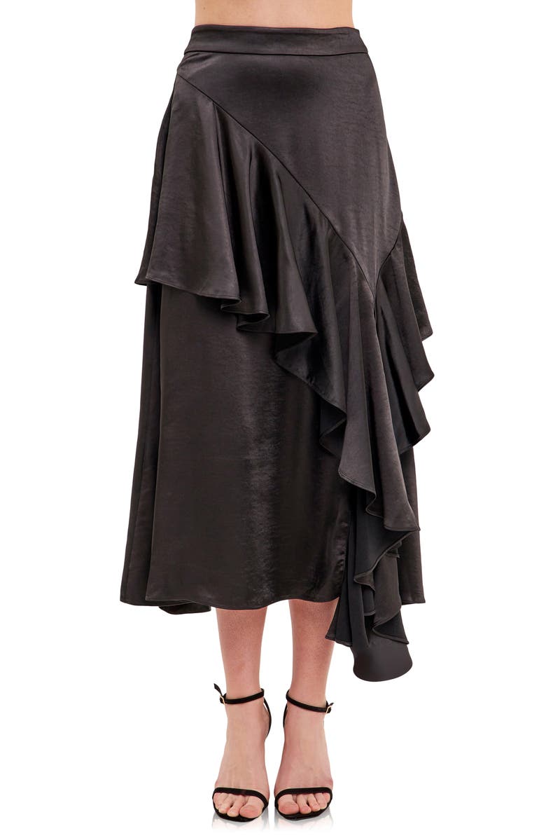 Endless Rose Waterfall Ruffle Satin Maxi Skirt, Alternate, color, Black