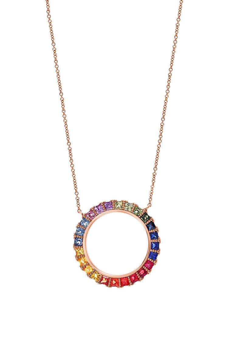 EFFY 14K Rose Gold Rainbow Sapphire Open Circle Pendant Necklace, Main, color, 