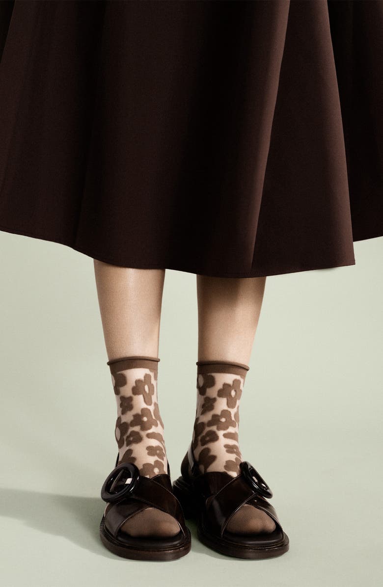 Hansel From Basel Poppy Flower Sheer Crew Socks, Alternate, color, Mocha