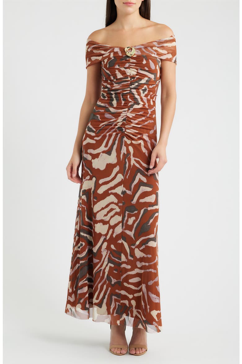 Off the Shoulder Mesh Dress, Main, color, BROWN MULT