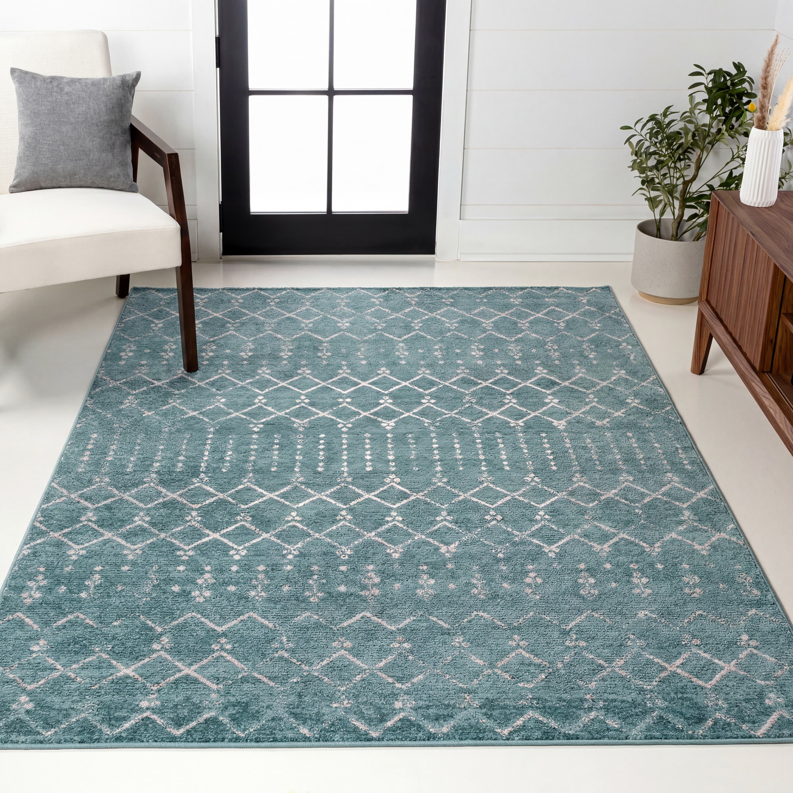 Jonathan Y Leila Moroccan Diamond Trellis Non-slip Machine-washable Area Rug In Teal/ivory