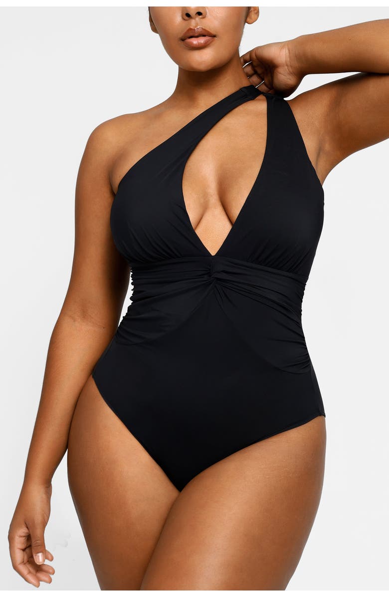Shapellx Plunge Ruched Twist-Front One Piece Swimsuit, Main, color, Jet Black
