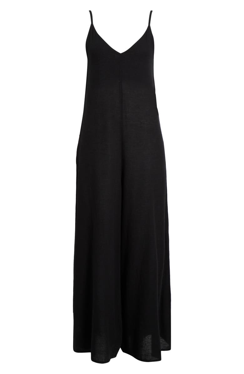 Elan Wide Leg Cotton & Linen Blend Cover-Up Jumpsuit, Alternate, color, Black