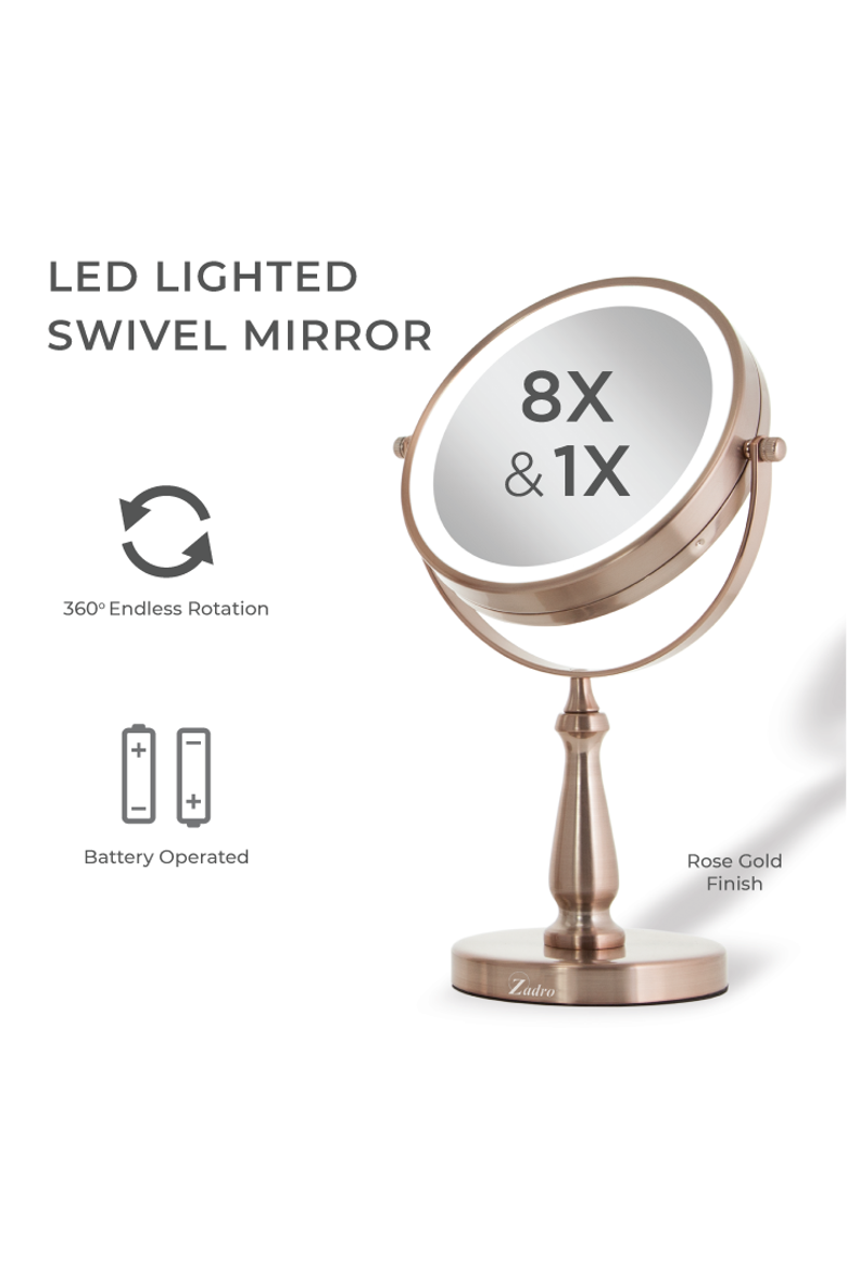Lighted Makeup Mirror with 8X/1X Magnifications, Alternate, color, Rose Gold