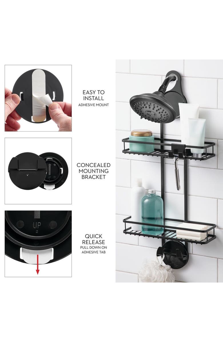 iDesign Hanging Shower Caddy with Accessory Hooks - Matte Black, Alternate, color, Matte Black