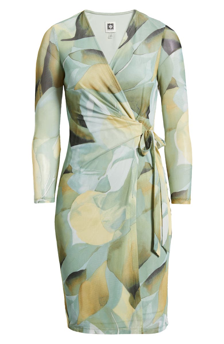 Anne Klein Botanical Print Long Sleeve Mesh Wrap Dress, Alternate, color, 