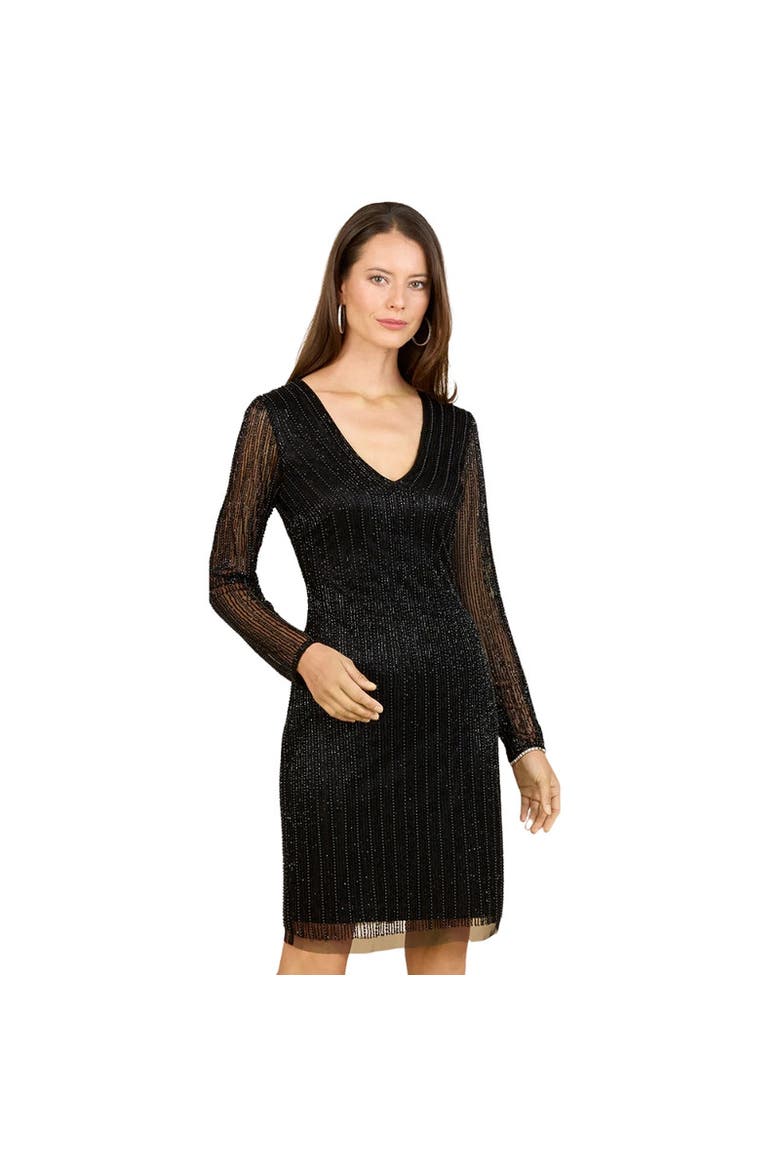 Classic V-Neck Beaded Long Sleeve Cocktail Dress, Main, color, Black