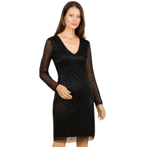 Classic V-Neck Beaded Long Sleeve Cocktail Dress