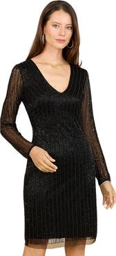 LARA New York Classic V-Neck Beaded Long Sleeve Cocktail Dress