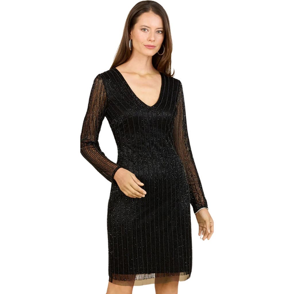 Lara New York Classic V-neck Beaded Long Sleeve Cocktail Dress In Black