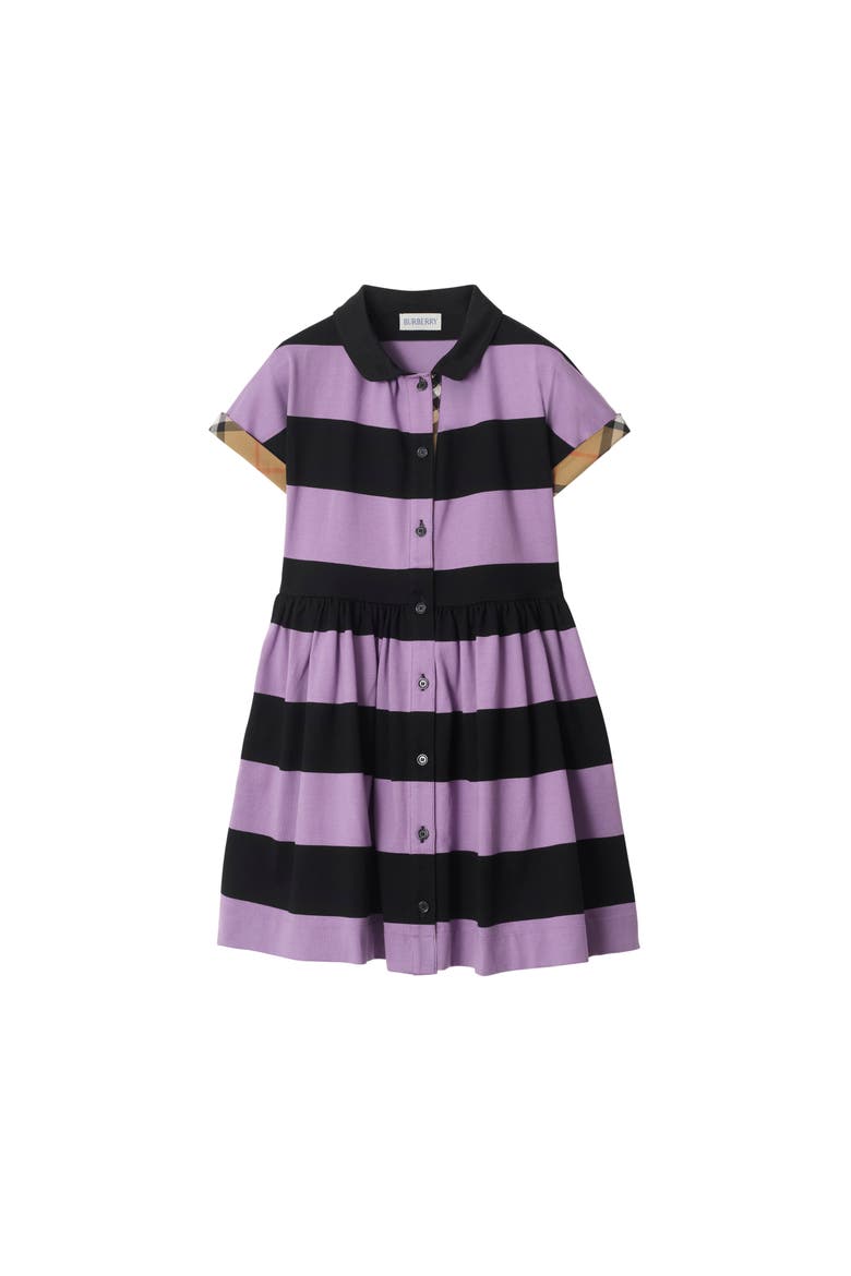 Girls' Check Trim Striped Cotton Shirt Dress, Main, color, Lilac purple/black