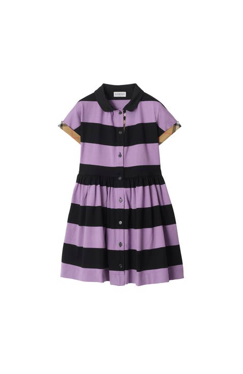 Check Trim Striped Cotton Shirt Dress