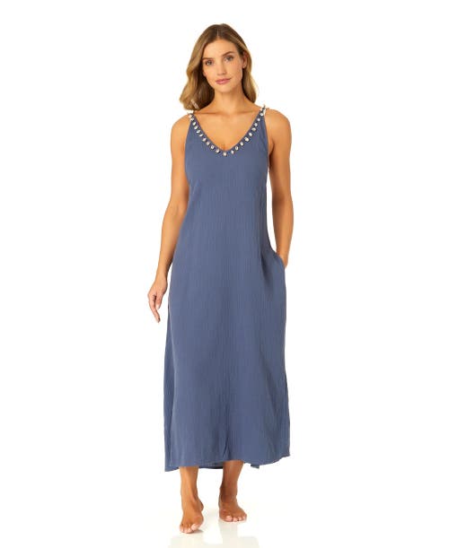 Anne Cole V Neck Braided Shell Strap Cover Up In Blue Indigo