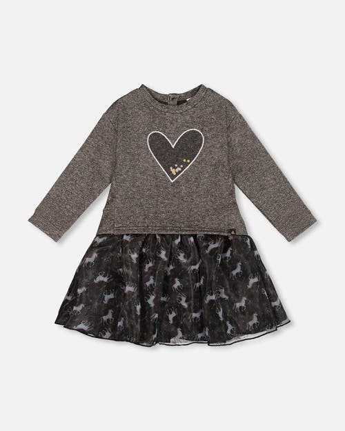 Deux Par Deux Bi-material Dress With Mesh Skirt And Heart In Brown