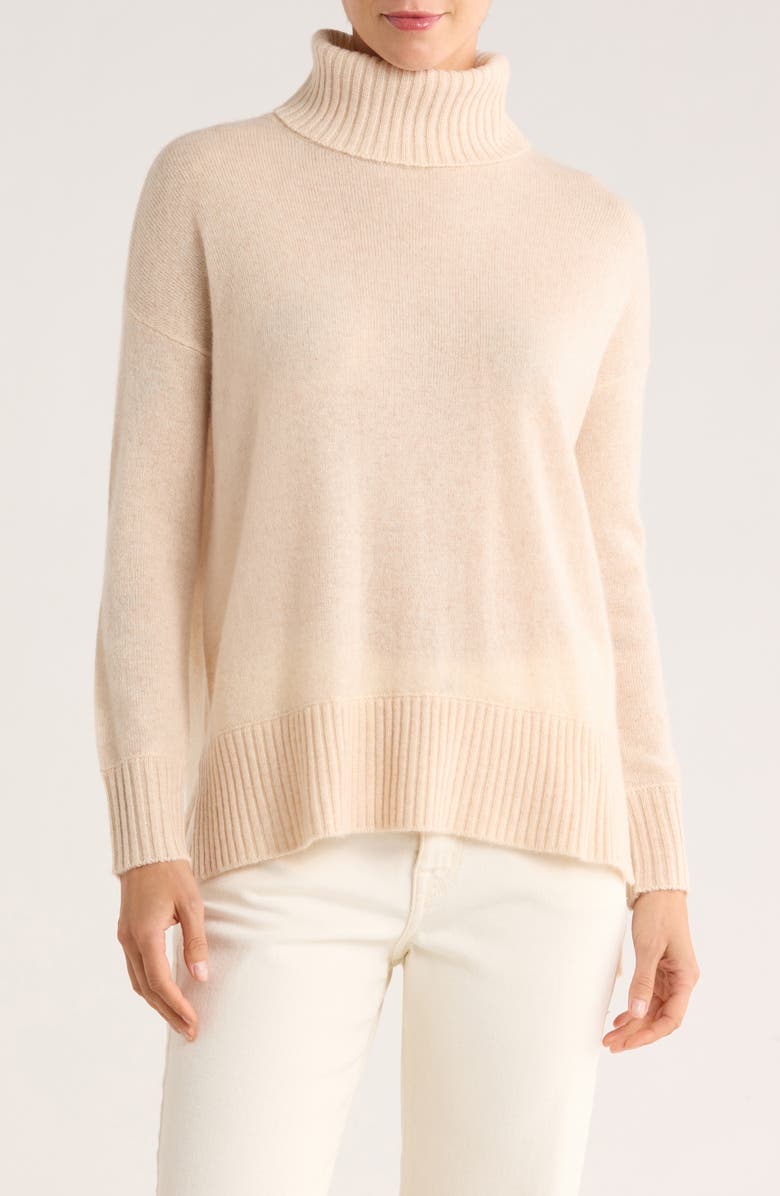 Magaschoni Cashmere Turtleneck Step Hem Sweater, Main, color, Creamy Heather