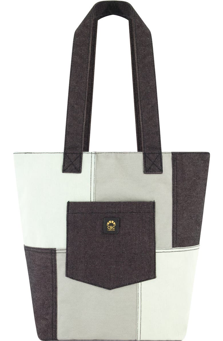 USPA ACCESSORIES Denim Patchwork Tote Bag, Main, color, Grey