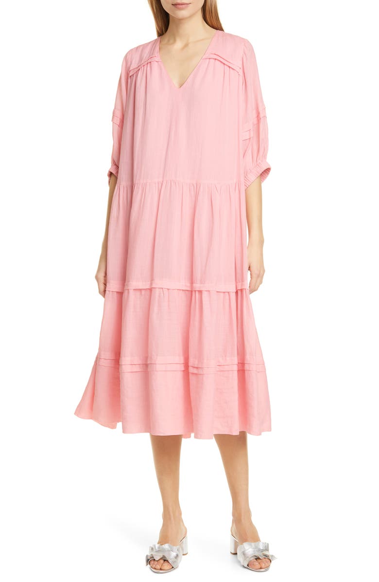 Sea Lucy Pleat Detail Tiered Cotton Midi Dress, Main, color, 