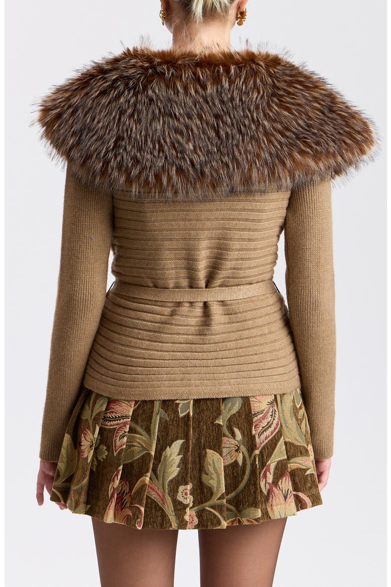 Faux Fur Collar Ribbed Cardigan, Alternate, color, CAMEL