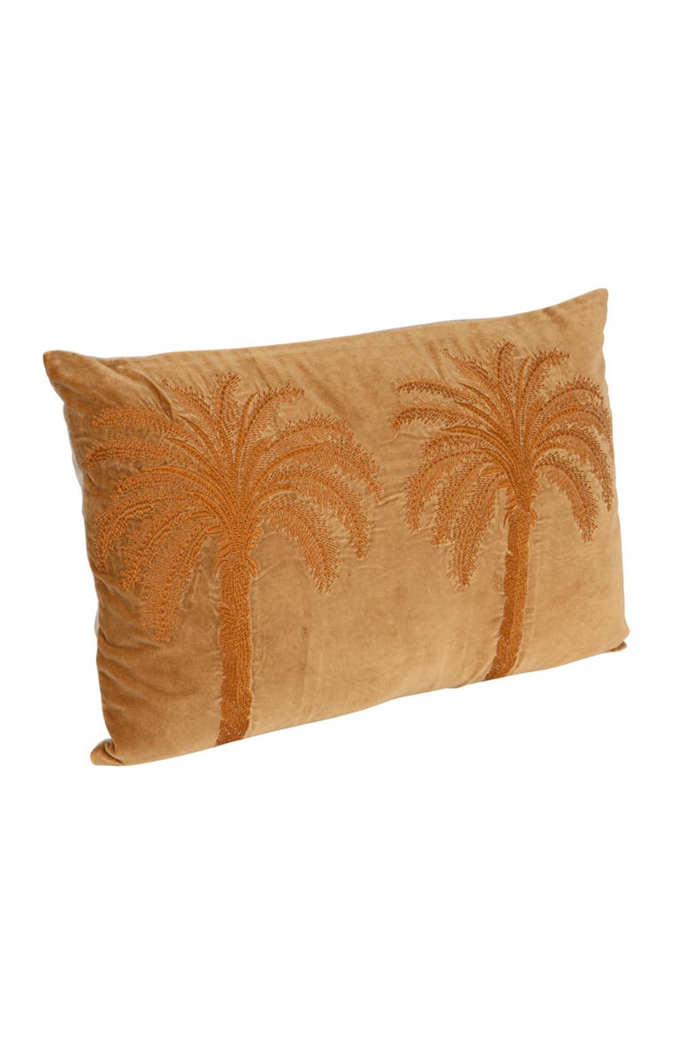 Storied Home Cotton Velvet Embroidered Pillow with Palm Trees and Chambray Back, Brown and Natural, Alternate, color, Orange