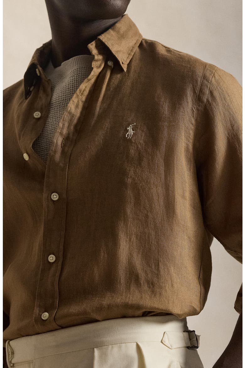 Classic Fit Linen Button-Down Shirt, Alternate, color, RL BROWN