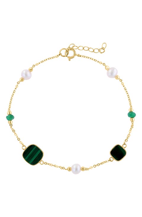 14K Yellow Gold Freshwater Pearl Malachite and Emerald Bracelet