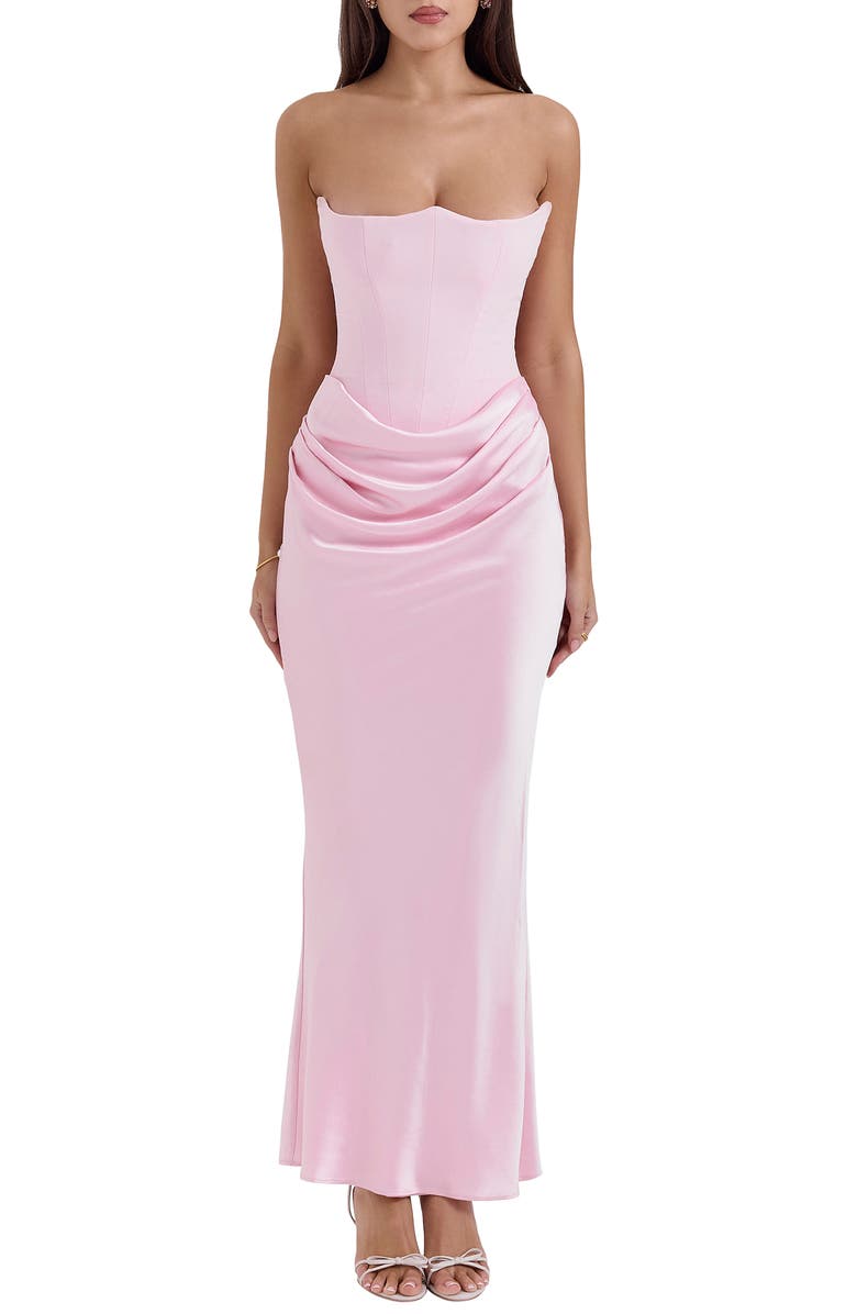 HOUSE OF CB Persephone Strapless Corset Satin & Stretch Crepe Mermaid Gown, Main, color, Rose Shadow