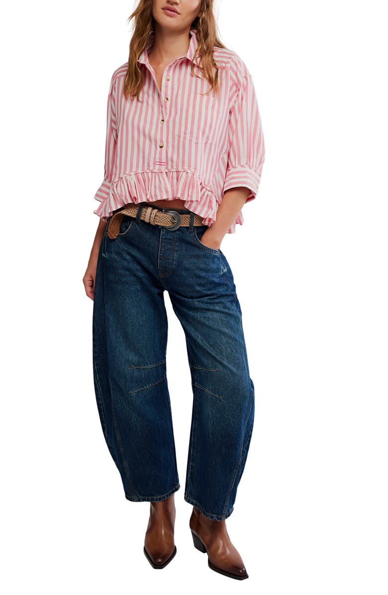 Free People Bailey Stripe Ruffle Hem Cotton Button-Up Shirt, Alternate, color, Coral Combo