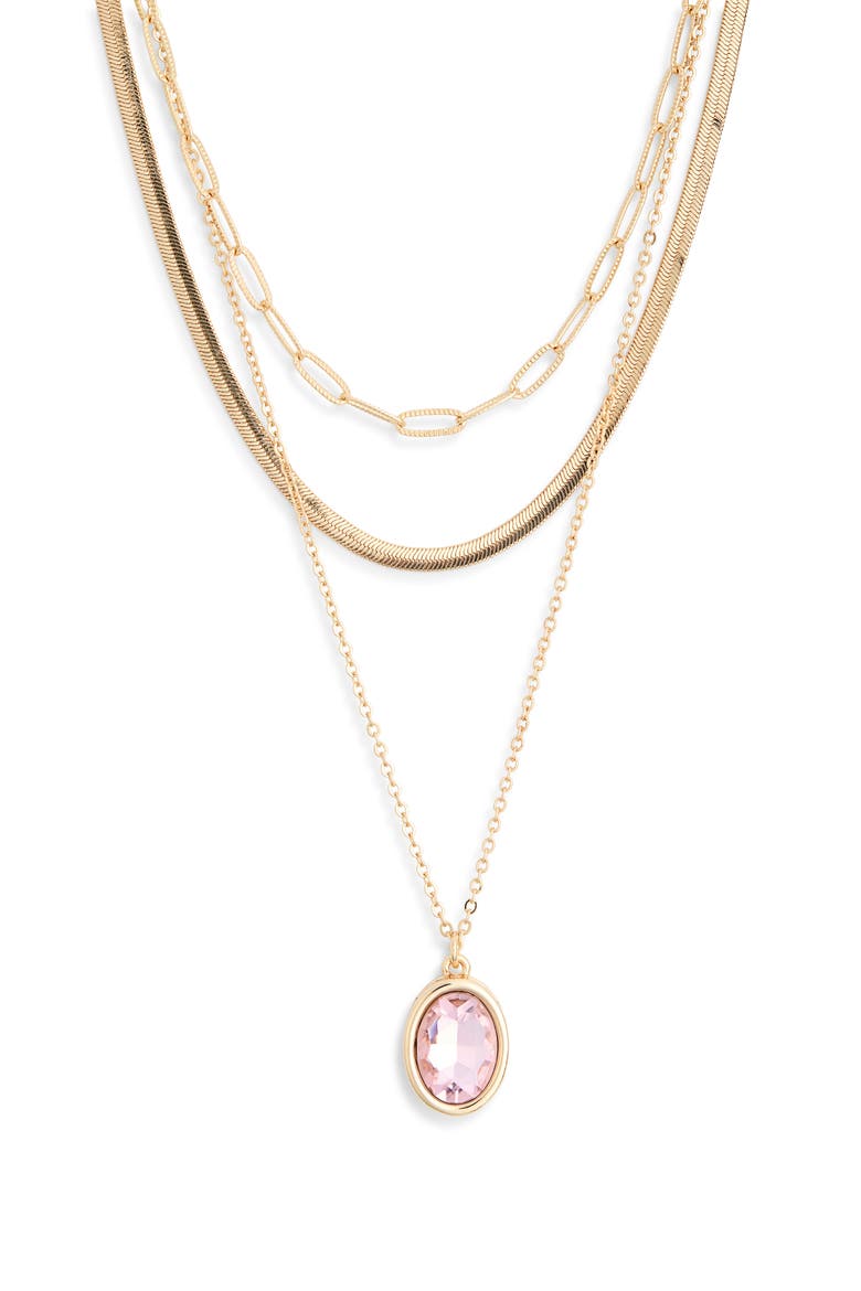 Oval Crystal Pendant Triple Row Necklace, Main, color, BLUSH- GOLD