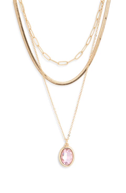 Oval Crystal Pendant Triple Row Necklace