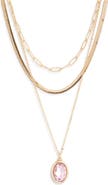 NORDSTROM RACK Oval Crystal Pendant Triple Row Necklace