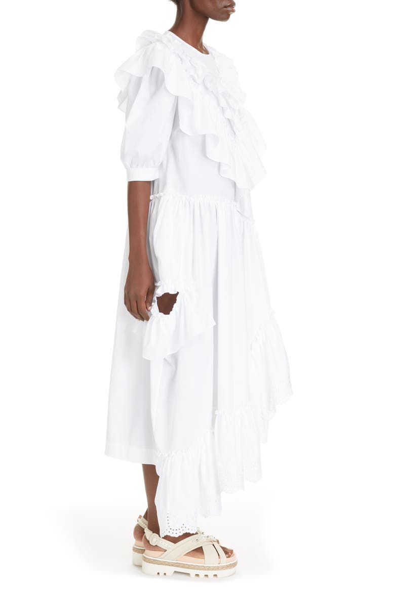 Asymmetrical Ruffle Cotton Poplin Midi Dress, Alternate, color, WHITE