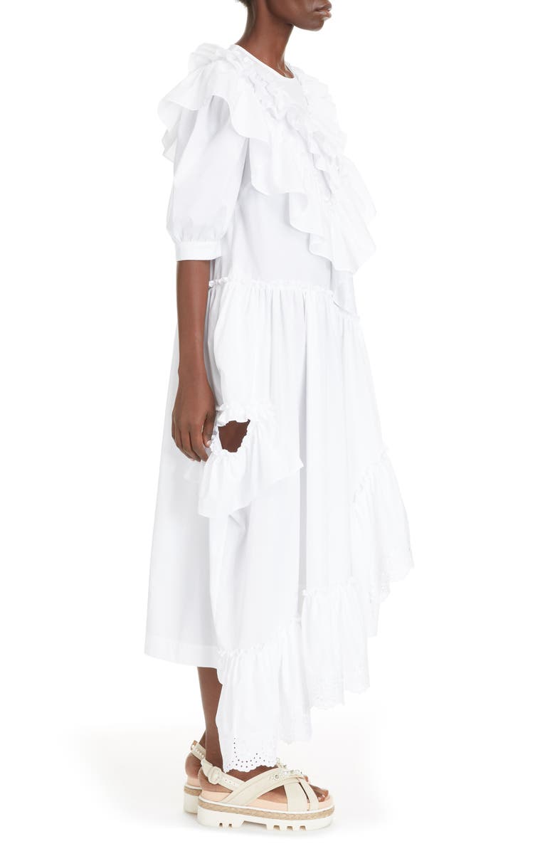 Simone Rocha Asymmetrical Ruffle Cotton Poplin Midi Dress, Alternate, color, 