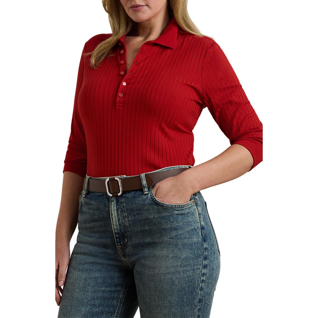 Ralph Lauren Rib-knit Three-quarter-sleeve Polo Shirt In Red