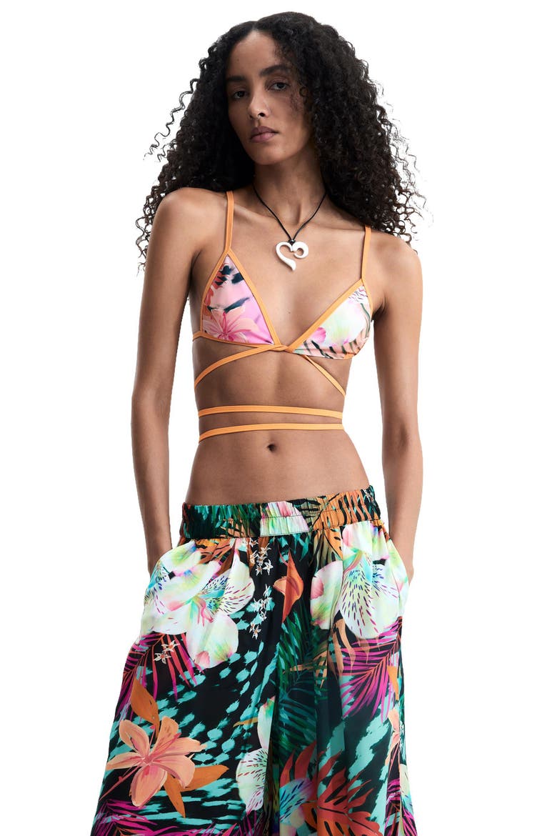 Tropical Print Wide Leg Trousers, Alternate, color, BLACK