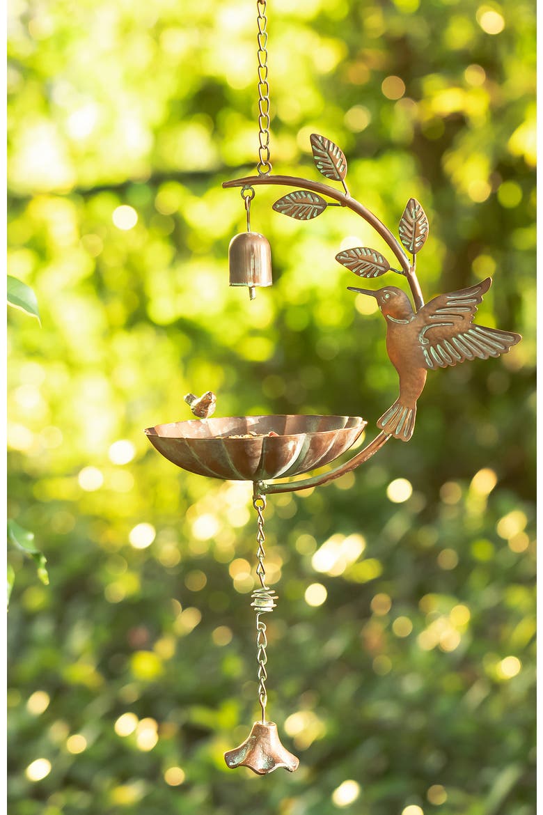 25"H Metal Faux Copper Patina Finish Hummingbird Hanging Birdfeeder, Alternate, color, Gold