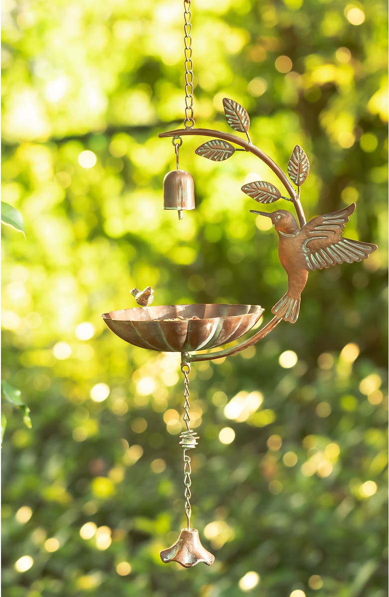 Glitzhome 25"H Metal Faux Copper Patina Finish Hummingbird Hanging Birdfeeder, Alternate, color, Gold