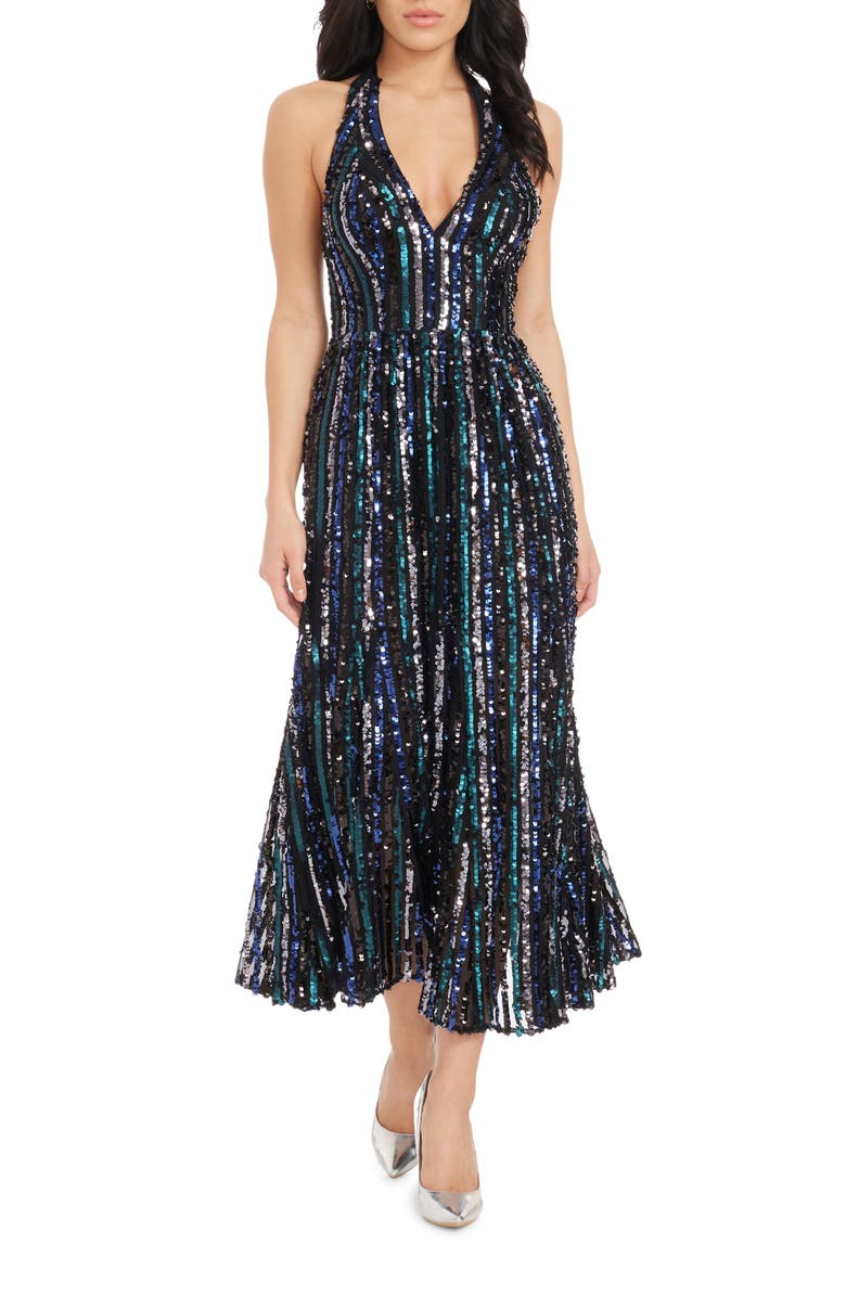 Dress the Population Sarai Sequin Halter Cocktail Dress, Main, color,