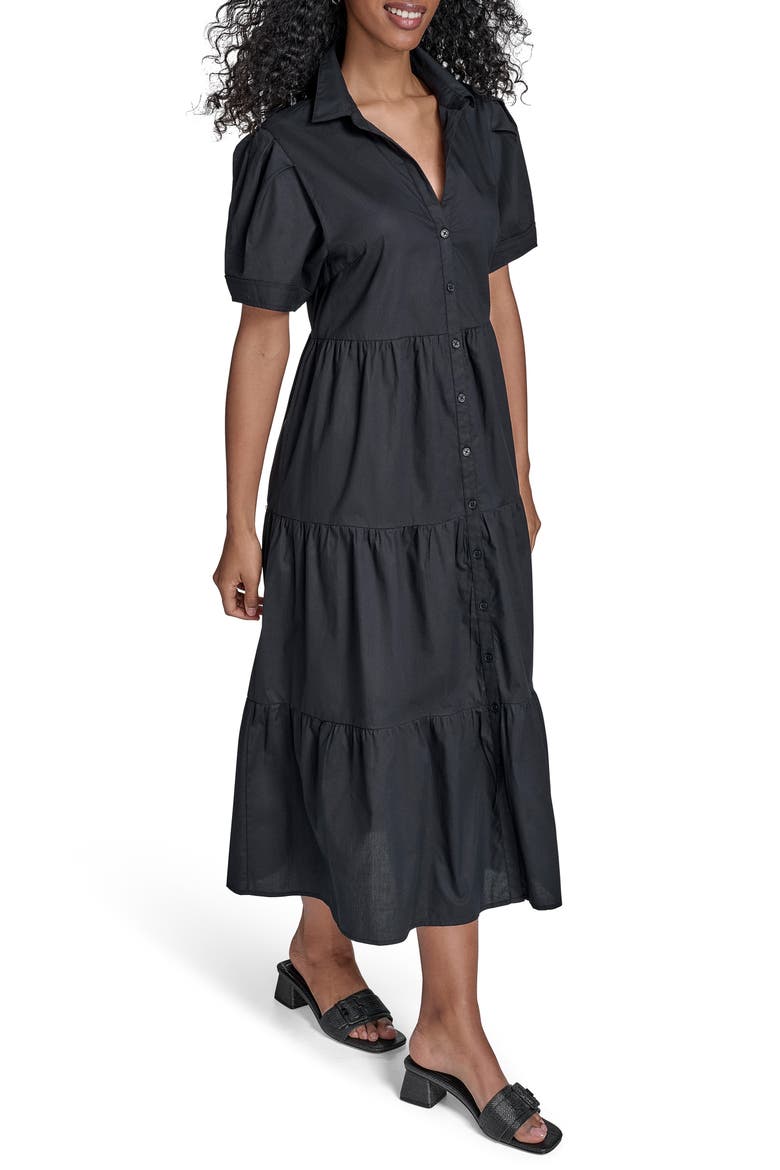Short Sleeve Cotton Tiered Maxi Dress, Alternate, color, BLACK