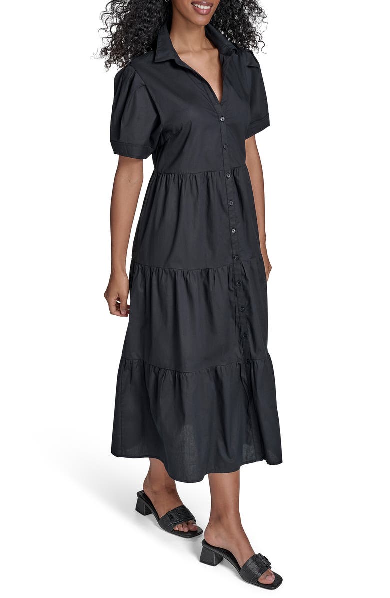 Calvin Klein Short Sleeve Cotton Tiered Maxi Dress, Alternate, color, Black