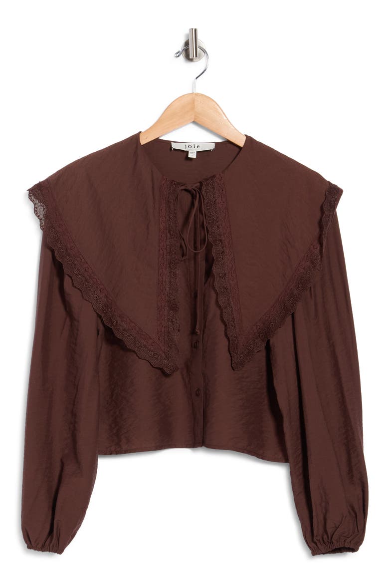 Lace Trim Peter Pan Collar Shirt, Main, color, DARK BROWN